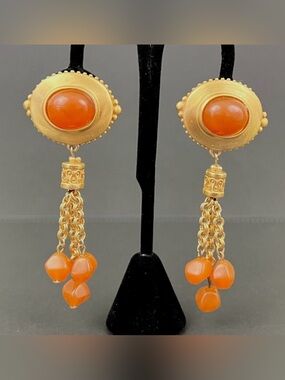Liz Claiborne Gold-Tone Earrings with Orange Cabochons and Tassel Beads